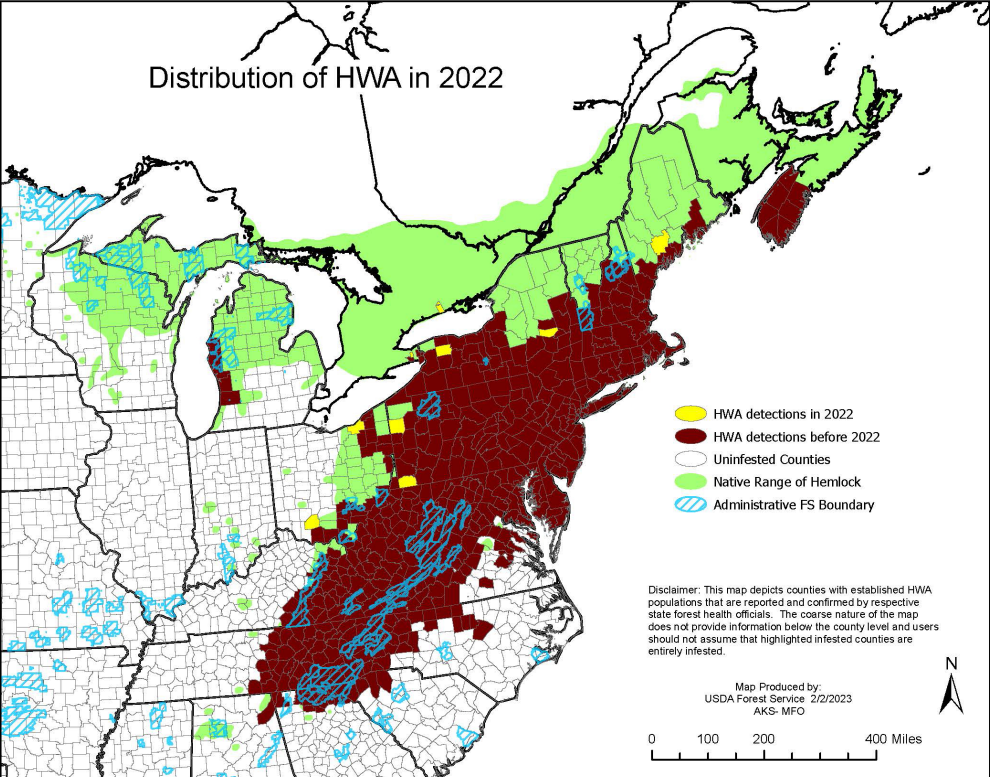 Hemlock Woolly Adelgid Distribution in the Eastern United States. USFS