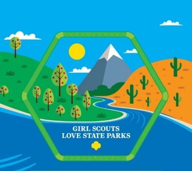 Logo for Girl Scouts Love State Parks 2026 showing a hexagon , the sun, river, earth, and trees